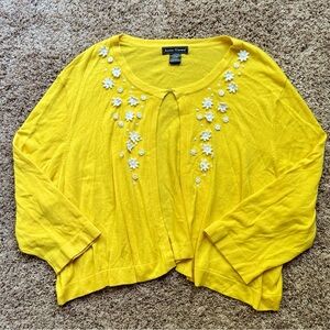 Retro Jessica Howard Yellow Cardigan w White Floral Appliques | Size 22W